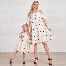 Sweet Polka Dot Off The Shoulder Mom Girl Matching Dress - 1330