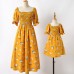 Sweet Flower Print Square Neck Puff Sleeve Yellow Mom Girl Matching Dress