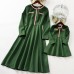 Elegant Golden Ribbon Green Long-sleeved Mom Girl Matching Dress - 13168