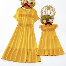 Sweet Yellow Jacquard Lace Short Sleeve Mom Girl Matching Dress