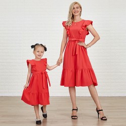 Cotton Solid Color Midi Mom Girl Matching Dress - 1362