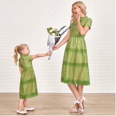 Sweet Green Lace Short Sleeve Mom Girl Matching Dress