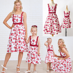 Sweet Rose Red Flower Mom Girl Matching Dress