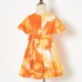 Sweet Orange Tie-Dye V-Neck Short Sleeve Mom Girl Matching Dress - 13109