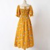 Sweet Flower Print Square Neck Puff Sleeve Yellow Mom Girl Matching Dress