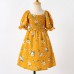 Sweet Flower Print Square Neck Puff Sleeve Yellow Mom Girl Matching Dress