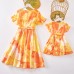 Sweet Orange Tie-Dye V-Neck Short Sleeve Mom Girl Matching Dress - 13109