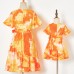 Sweet Orange Tie-Dye V-Neck Short Sleeve Mom Girl Matching Dress - 13109