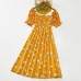 Sweet Flower Print Square Neck Puff Sleeve Yellow Mom Girl Matching Dress