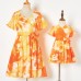 Sweet Orange Tie-Dye V-Neck Short Sleeve Mom Girl Matching Dress - 13109