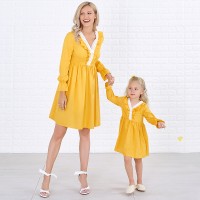 Sweet V-neck Long Sleeved Lace Stitching Yellow Mom Girl Matching Dress - 1397