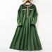 Elegant Golden Ribbon Green Long-sleeved Mom Girl Matching Dress - 13168