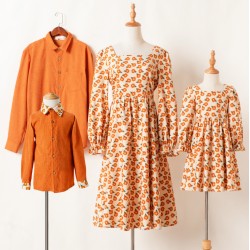 Casual Orange Corduroy Floral Long-sleeved Family Matching Outfits - 2122