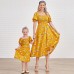 Sweet Flower Print Square Neck Puff Sleeve Yellow Mom Girl Matching Dress