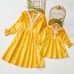 Sweet V-neck Long Sleeved Lace Stitching Yellow Mom Girl Matching Dress - 1397