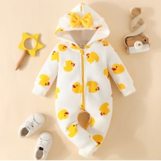 【0M-18M】Baby Girl Cute Duck And Heart Shape Print And Bow Hooded Romper