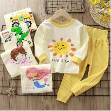 【9M-6Y】2-piece Unisex Cotton Cartoon Print Colorblock Long Sleeve Pajamas Set