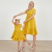 Sweet Yellow Jacquard Lace Short Sleeve Mom Girl Matching Dress