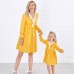 Sweet V-neck Long Sleeved Lace Stitching Yellow Mom Girl Matching Dress - 1397