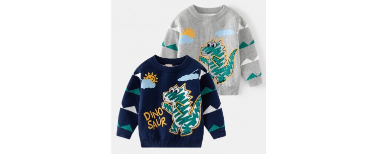 【2Y-8Y】Boys Dinosaur Pattern Round Neck Long Sleeve Sweater