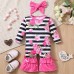 【0M-18M】2-piece Baby Girl Striped Floral Print Long Sleeve Romper With Hairband