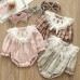 【0M-24M】2-piece Baby Girls Cotton Plaid Long Sleeve Romper With Hairband